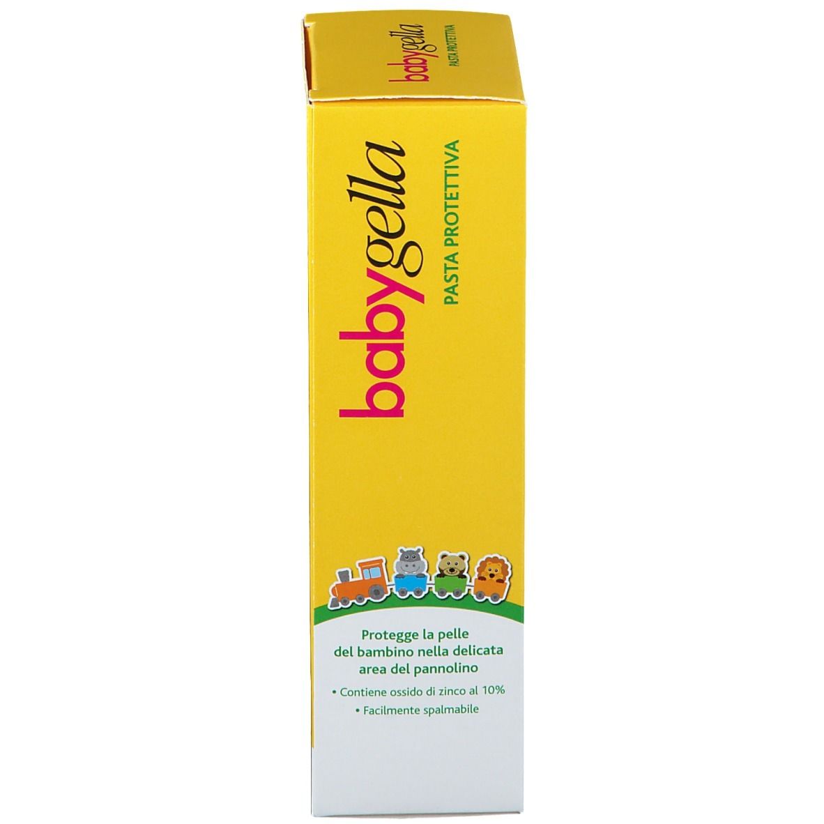 Emballage de Babygella Pasta Protettiva. Boîte jaune avec nom du produit et illustrations. Contient de l'oxyde de zinc.