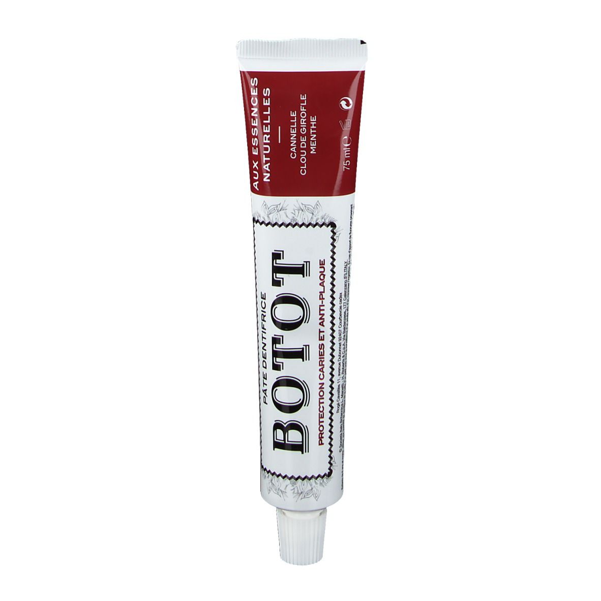 Zahncreme-Tube BOTOT. Aufschrift: Pasta Dentifricia. Aromen: Zimt, Nelke, Minze. Weiß, rot und schwarz.