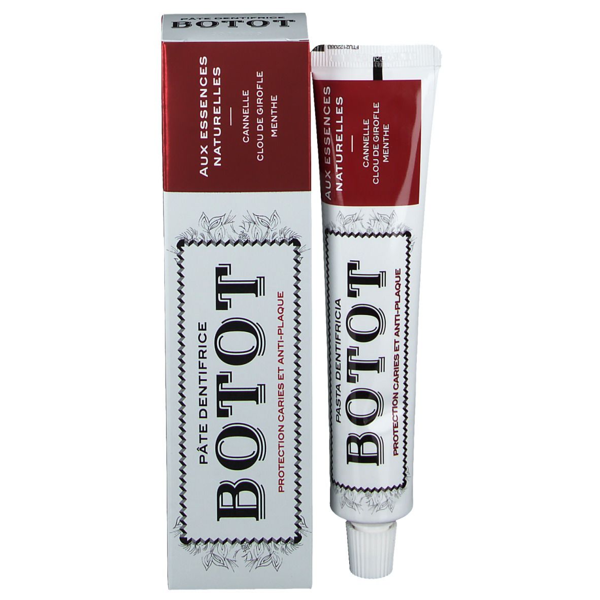 Zahncreme-Tube und -Schachtel BOTOT. Aufschrift: Pasta Dentifricia. Aromen: Zimt, Nelke, Minze. Weiß, rot und schwarz.