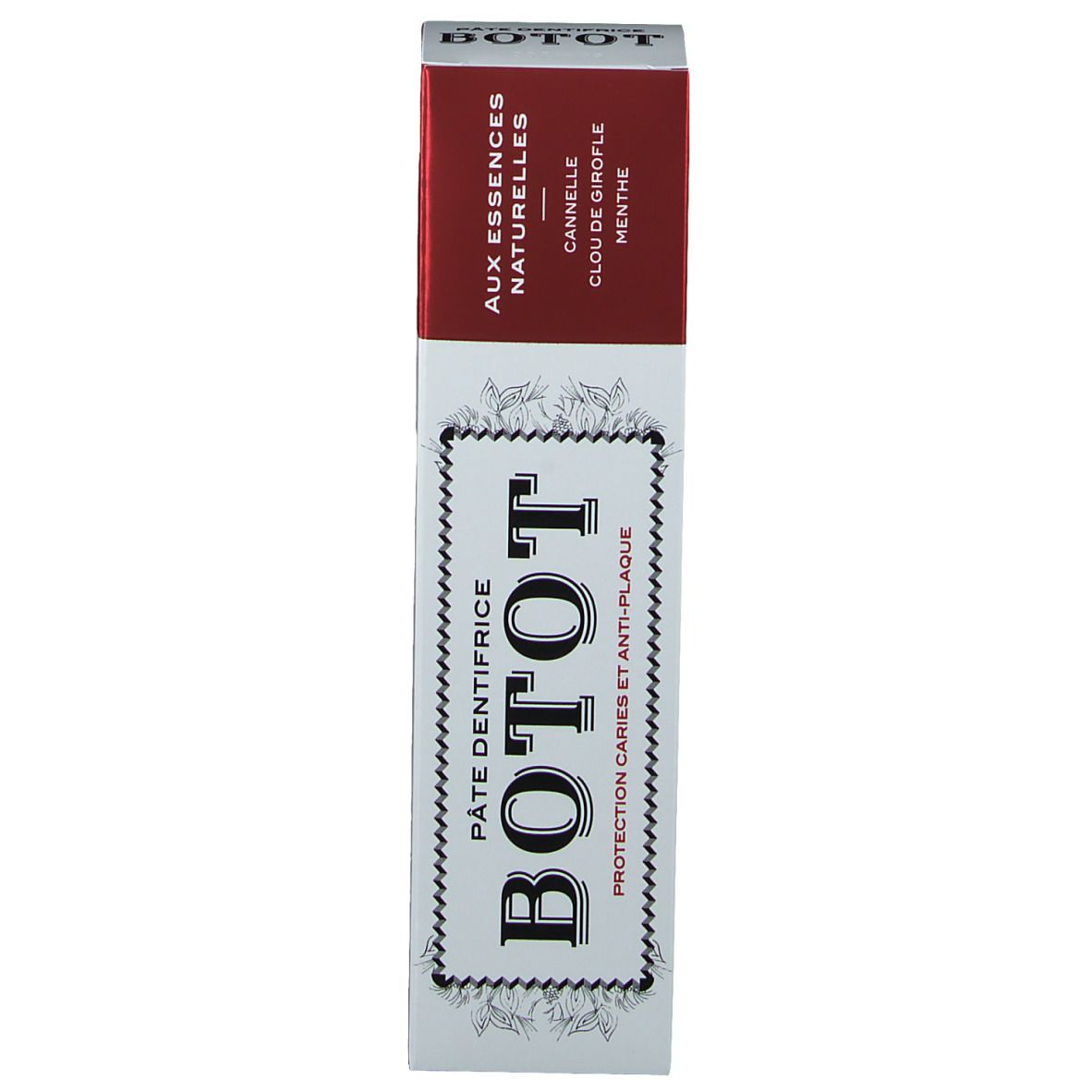 Zahncreme-Schachtel BOTOT. Aufschrift: Pasta Dentifricia. Aromen: Zimt, Nelke, Minze. Weiß, rot und schwarz.