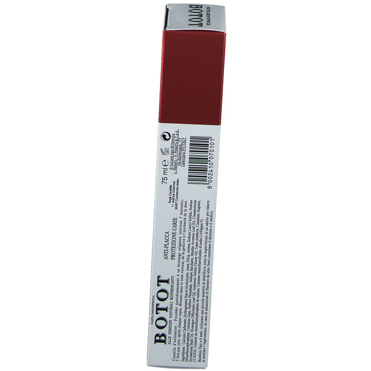 Zahncreme-Schachtel BOTOT. Aufschrift: Anti-Plaque, Schutz vor Karies. Rückseite mit Text und Barcode. Weiß und rot.