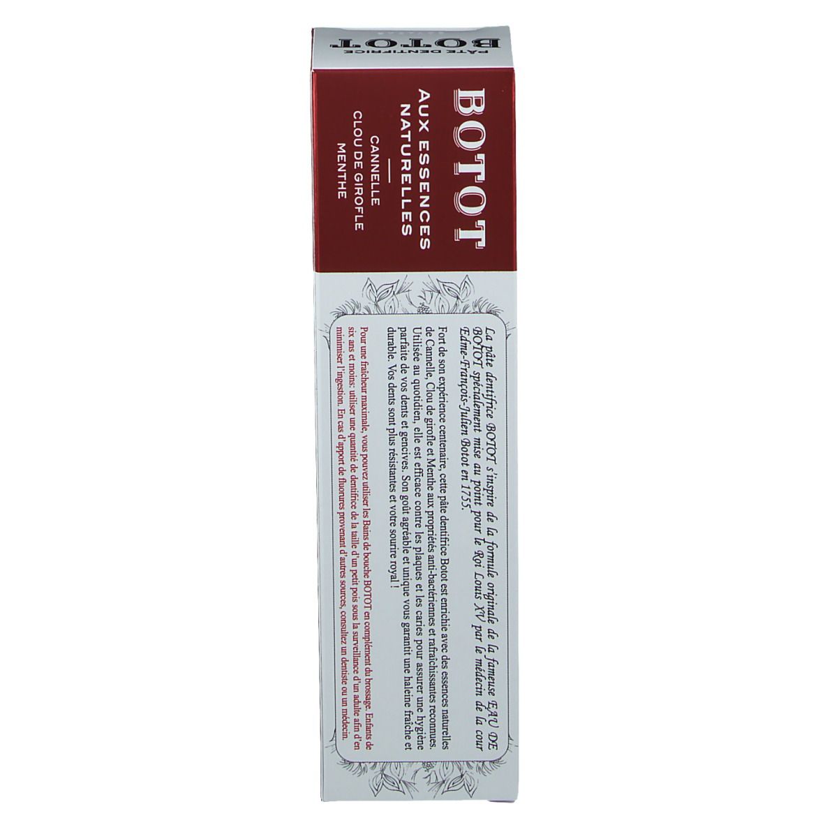 Zahncreme-Schachtel BOTOT. Text auf Französisch. Rückseite mit Text. Weiß und rot.