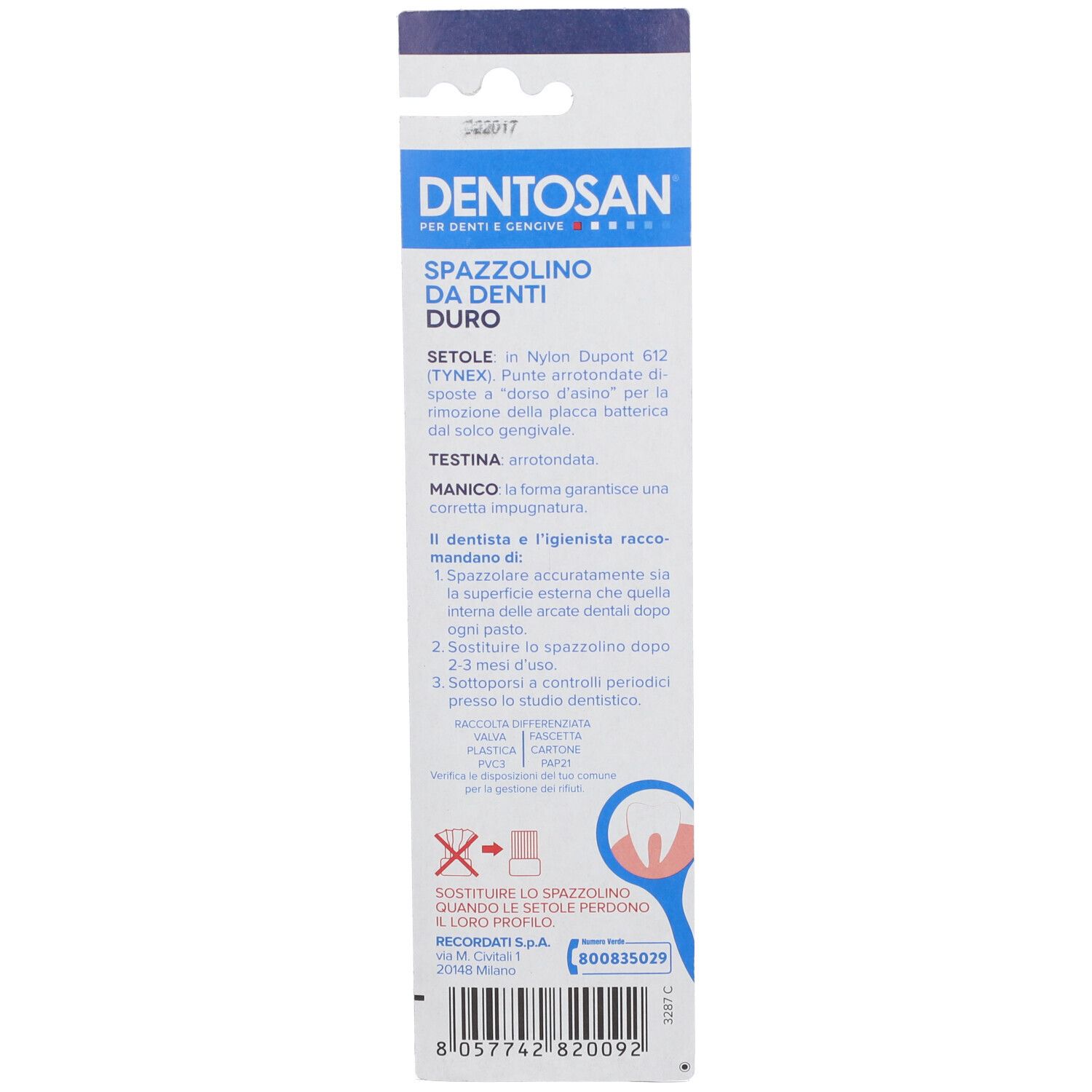 Rückseite der Zahnbürstenverpackung. Text in italienischer Sprache. Marke: DENTOSAN. Produktname: Spazzolino da denti duro.