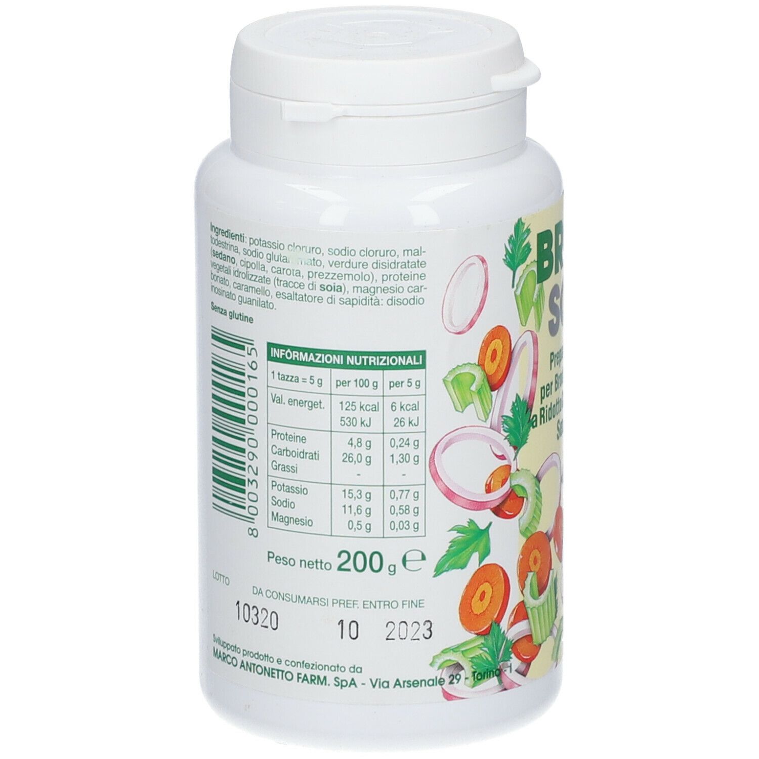 Dos du flacon blanc. Texte: BRODO SOHN. Ingrédients, informations nutritionnelles, poids 200g. A consommer de préférence avant 10 2023.