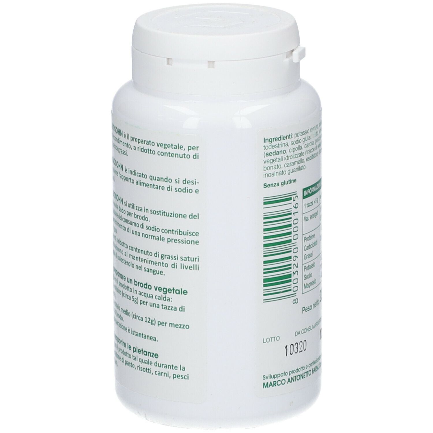 Dos du flacon blanc. Texte: BRODO SOHN. Mode d'emploi. Sans gluten.