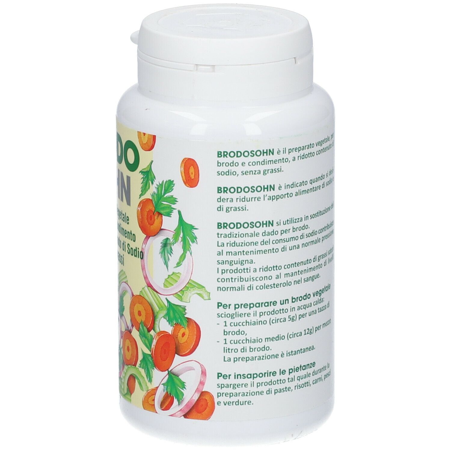 Dos du flacon blanc. Texte: BRODO SOHN. Mode d'emploi. Sans gluten.