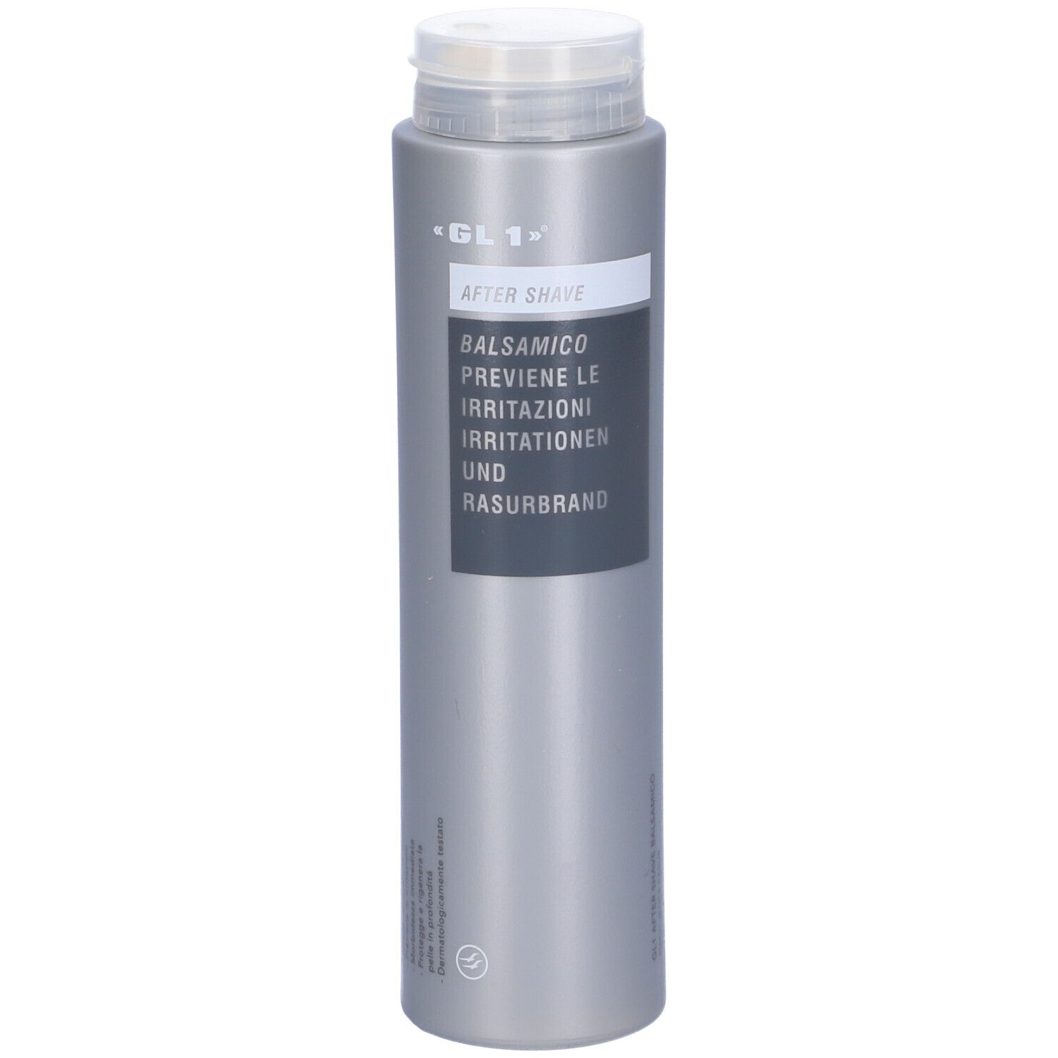 Flacon gris avec bouchon blanc. Inscription : GL 1, Après-rasage, Balsamique, prévient les irritations.