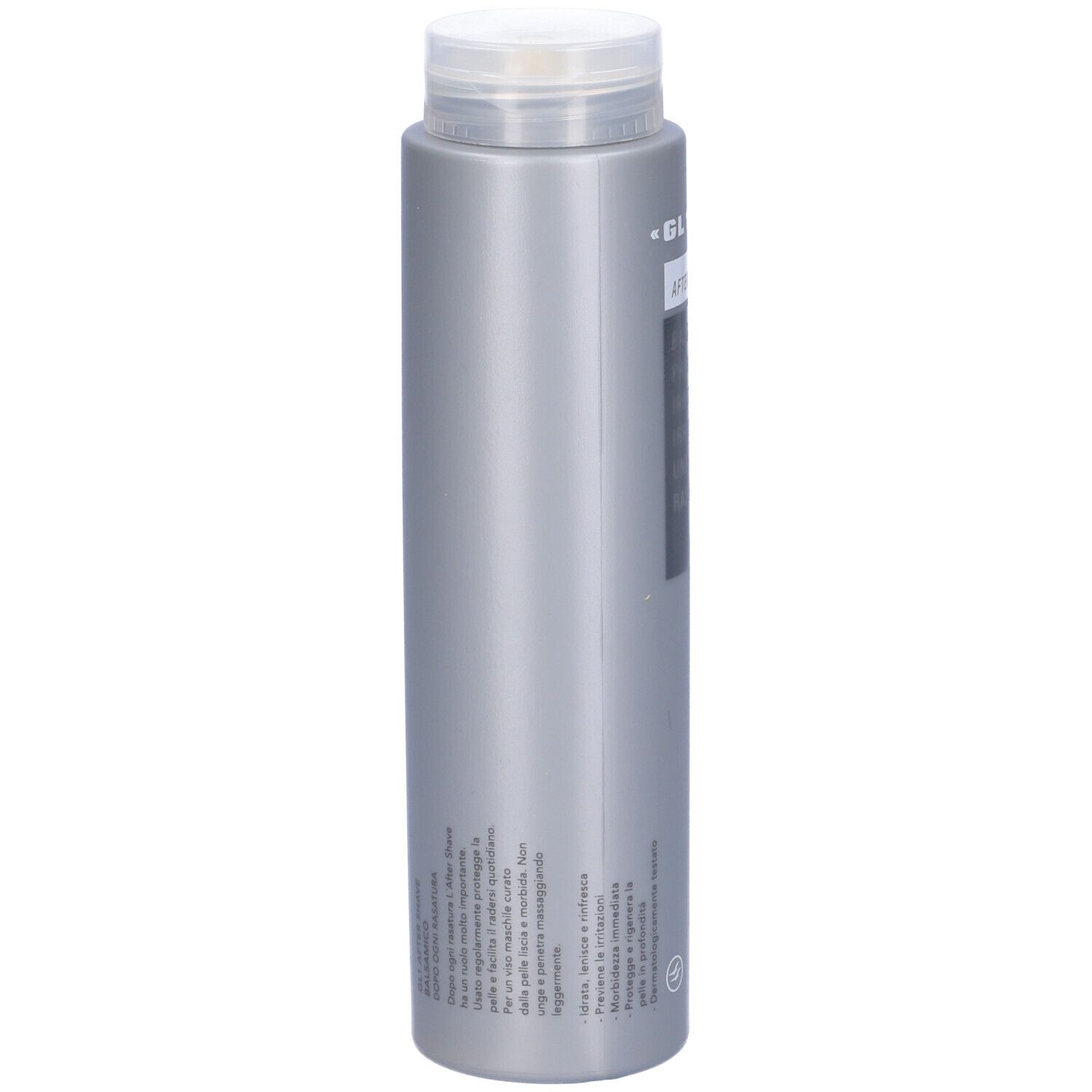 Flacon gris avec bouchon blanc. Inscription : GL 1, Après-rasage, Balsamique, prévient les irritations.