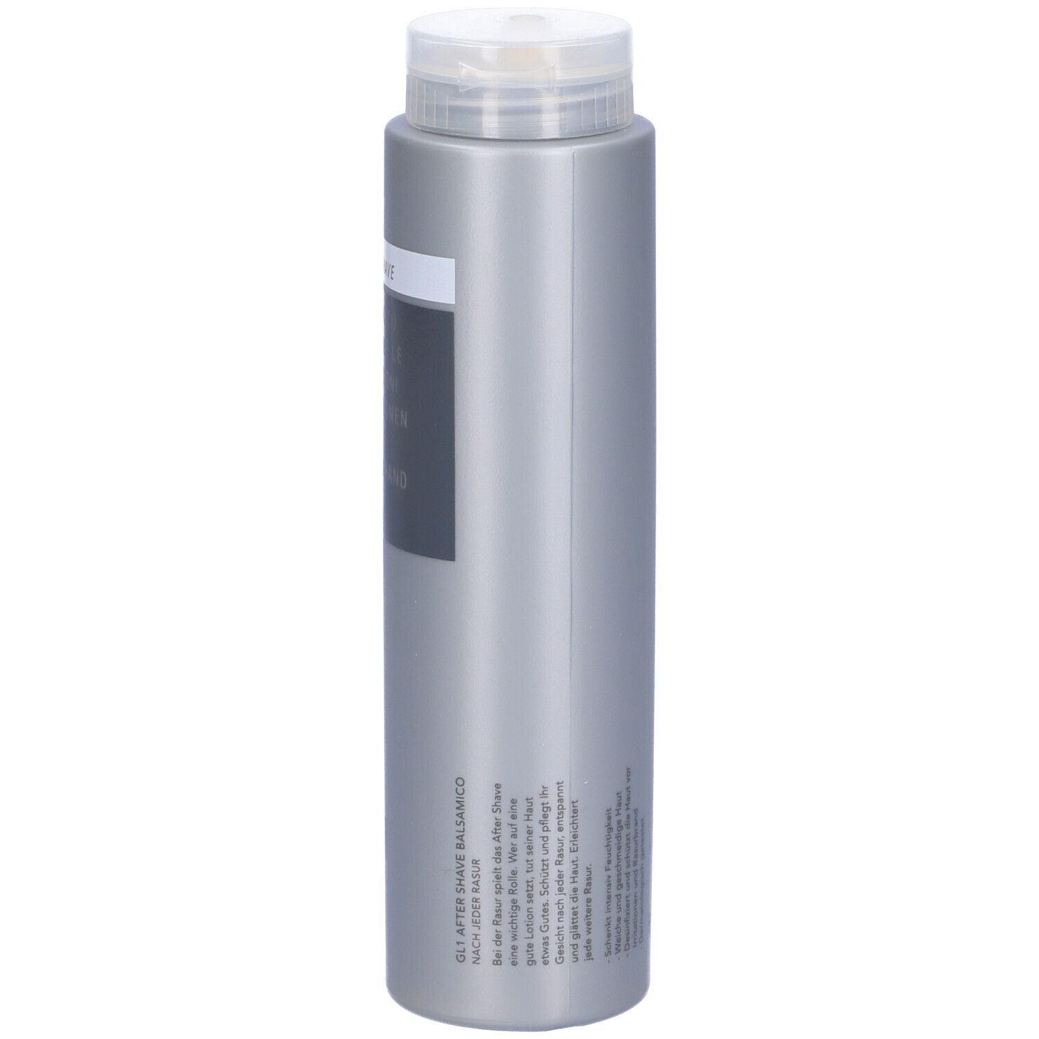 Flacon gris avec bouchon blanc. Inscription : GL 1, Après-rasage, Balsamique, prévient les irritations.