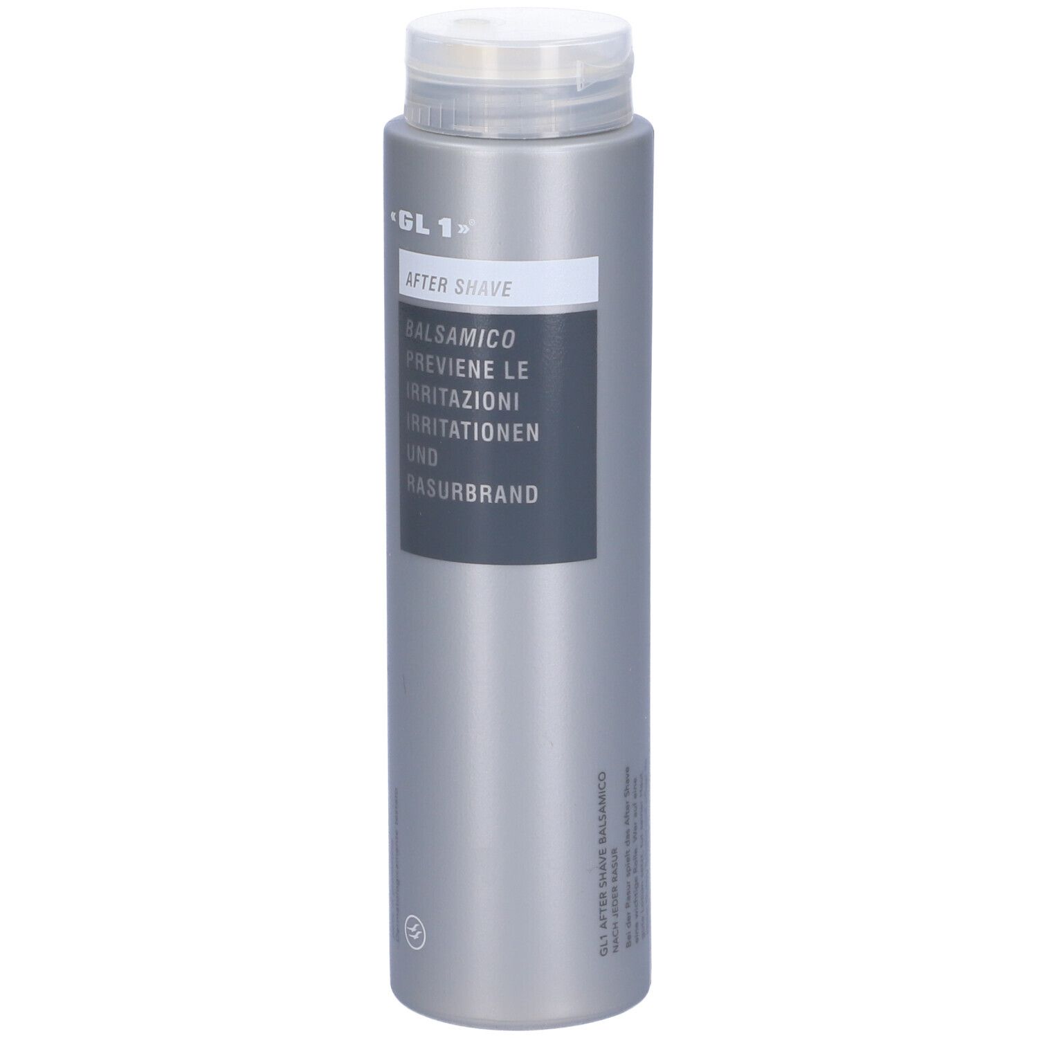 Flacon gris avec bouchon blanc. Inscription : GL 1, Après-rasage, Balsamique, prévient les irritations.
