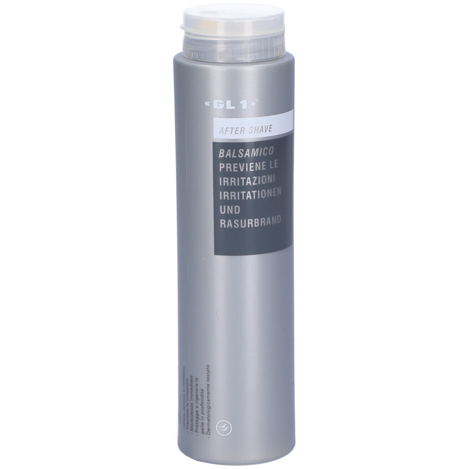 Flacon gris avec bouchon blanc. Inscription : GL 1, Après-rasage, Balsamique, prévient les irritations.