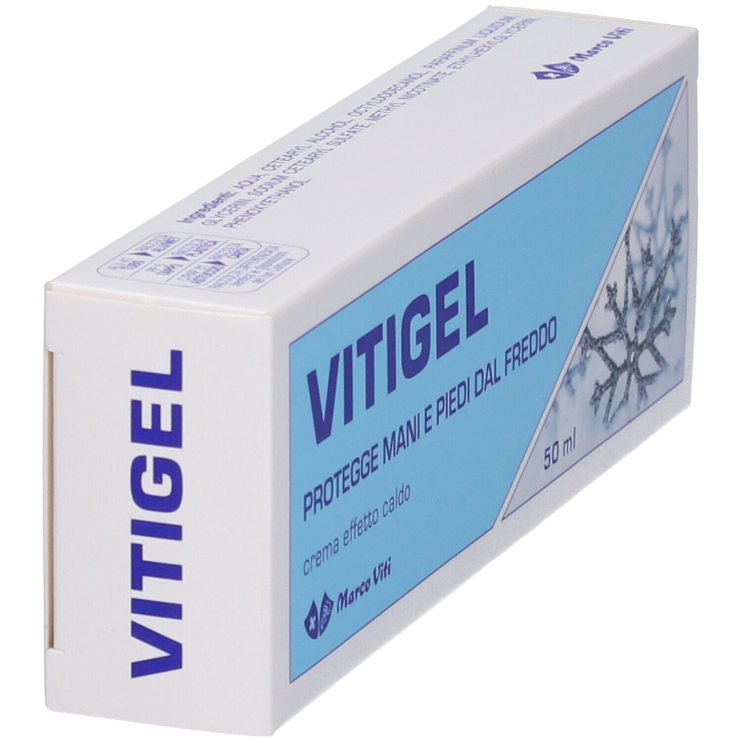Boîte blanche avec encart bleu. Inscription: VITIGEL, PROT. MANI E PIEDI DAL FREDDO, crema effetto caldo. Marque Marco Viti. 50 ml.