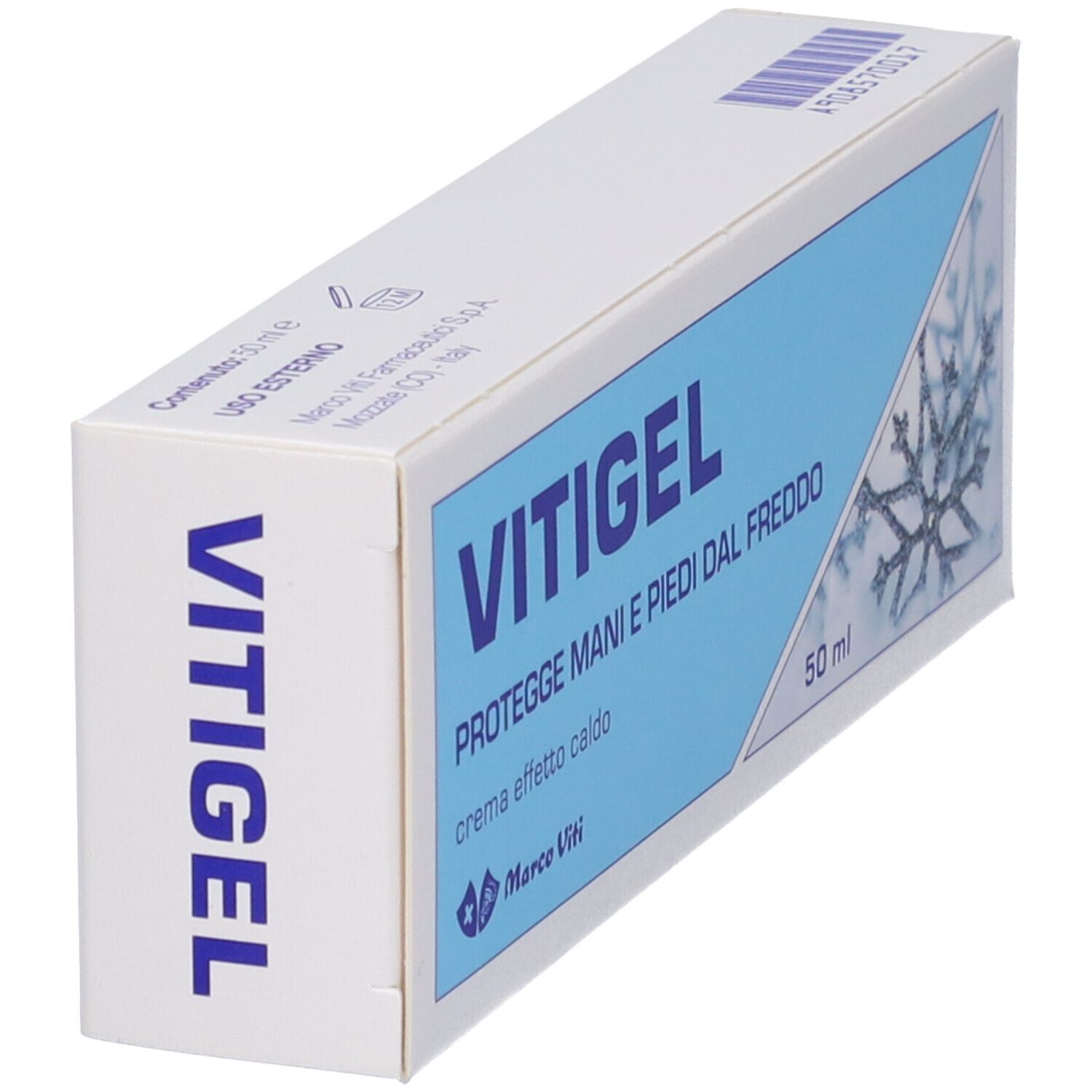 Boîte blanche avec encart bleu. Inscription: VITIGEL, PROT. MANI E PIEDI DAL FREDDO, crema effetto caldo. Marque Marco Viti. 50 ml.