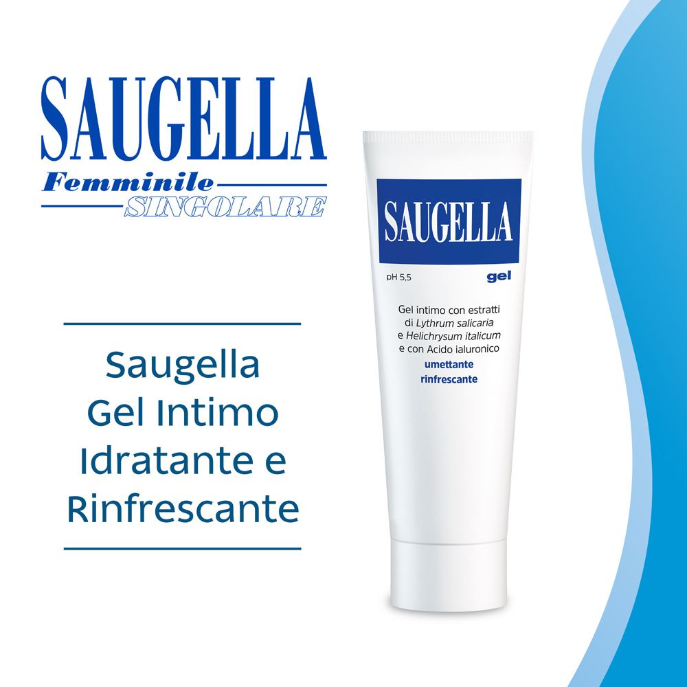 Publicité avec logo SAUGELLA et nom du produit. Texte en italien. Fond bleu.