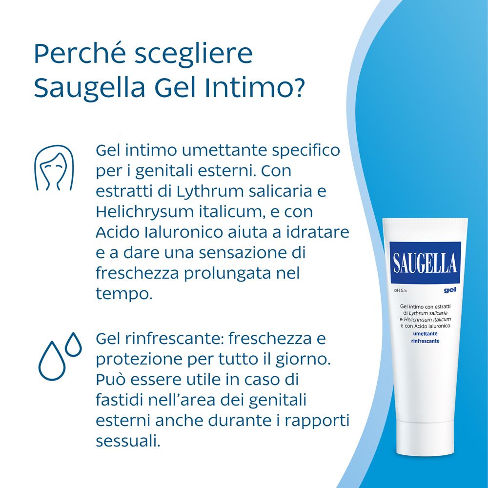 Publicité avec tube SAUGELLA. Texte en italien. Fond bleu avec icônes.