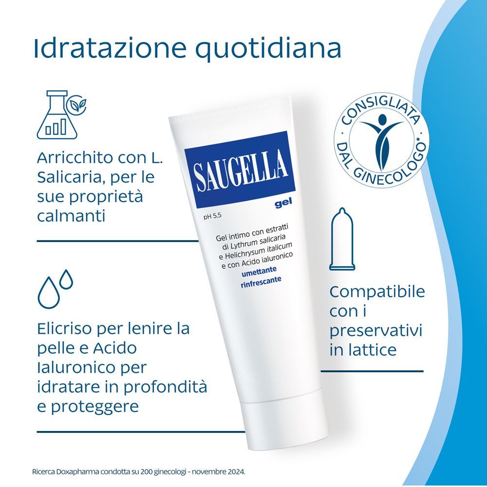 Publicité avec tube SAUGELLA. Texte en italien. Fond bleu avec icônes.