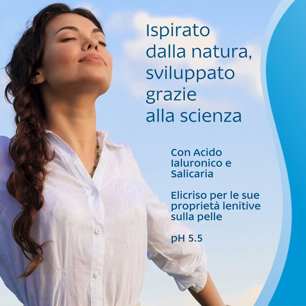 Femme respirant. Texte en italien. Fond bleu. pH 5.5.