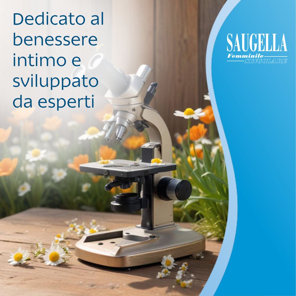 Microscope sur bois. Logo SAUGELLA. Texte en italien. Fond bleu.