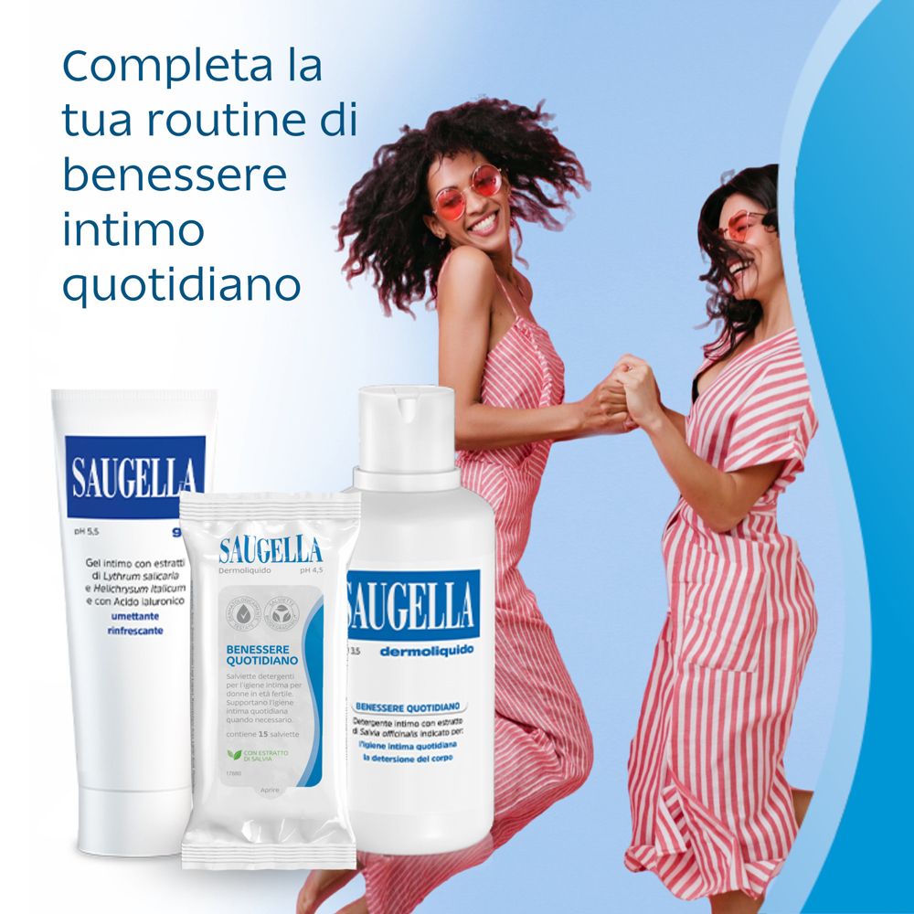 Trois produits : gel SAUGELLA, lingettes et dermoliquido. Texte en italien.