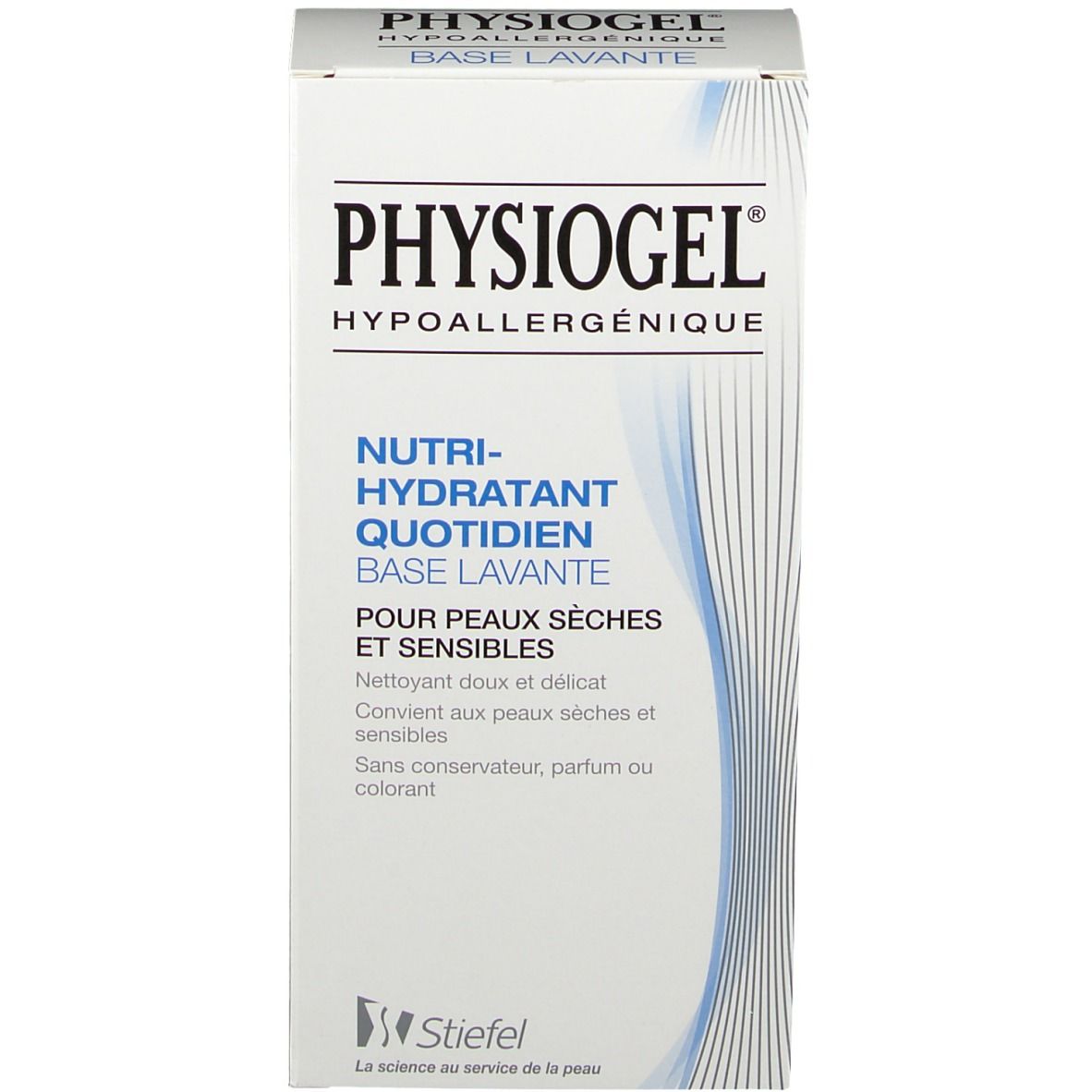 Boîte blanche avec inscription PHYSIOGEL, HYPOALLERGÉNIQUE. Pour peaux sèches et sensibles. Marque Stiefel.