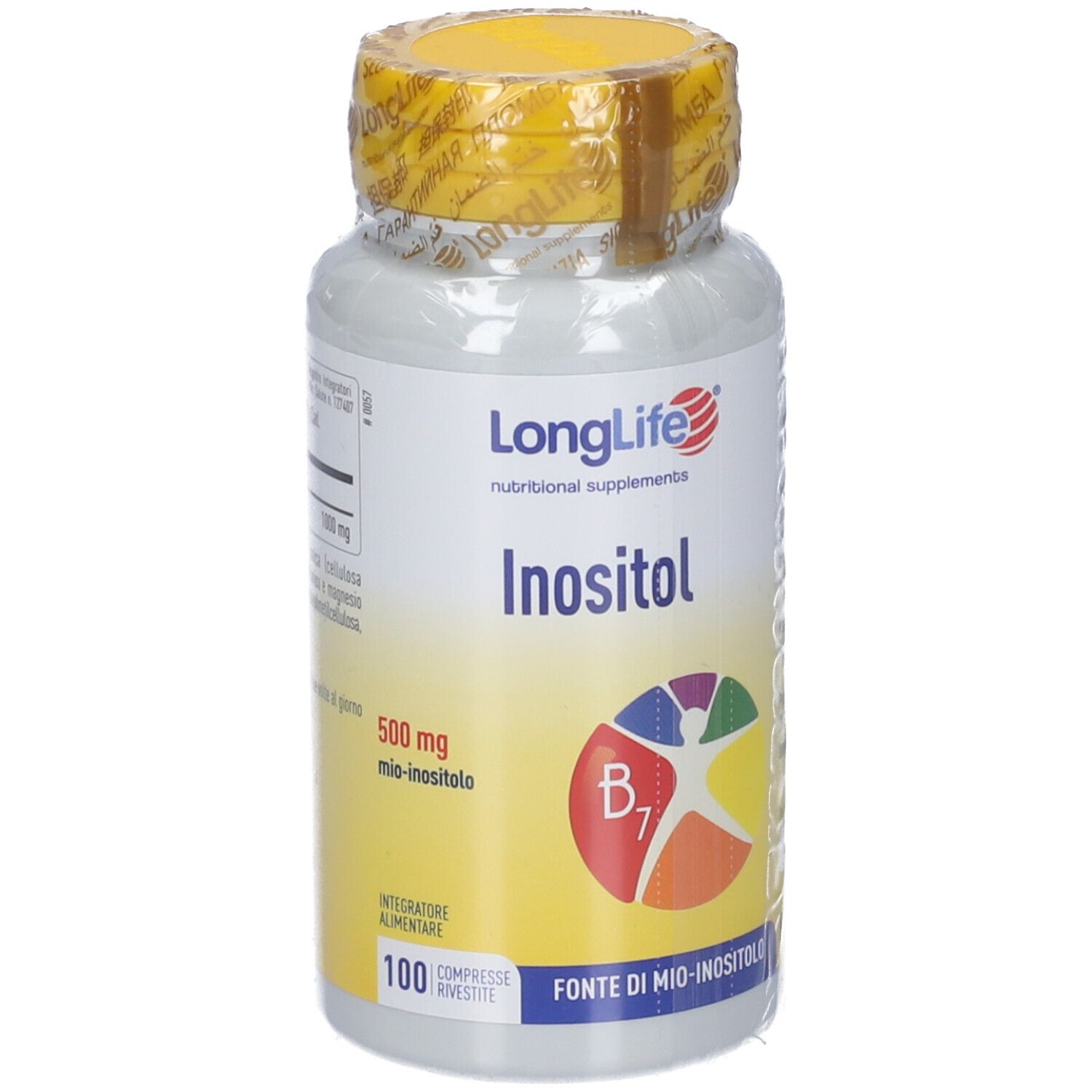 Flacon de comprimés blanc avec bouchon jaune. Inscription : LongLife Inositol, 500 mg, 100 comprimés. Symbole B7.