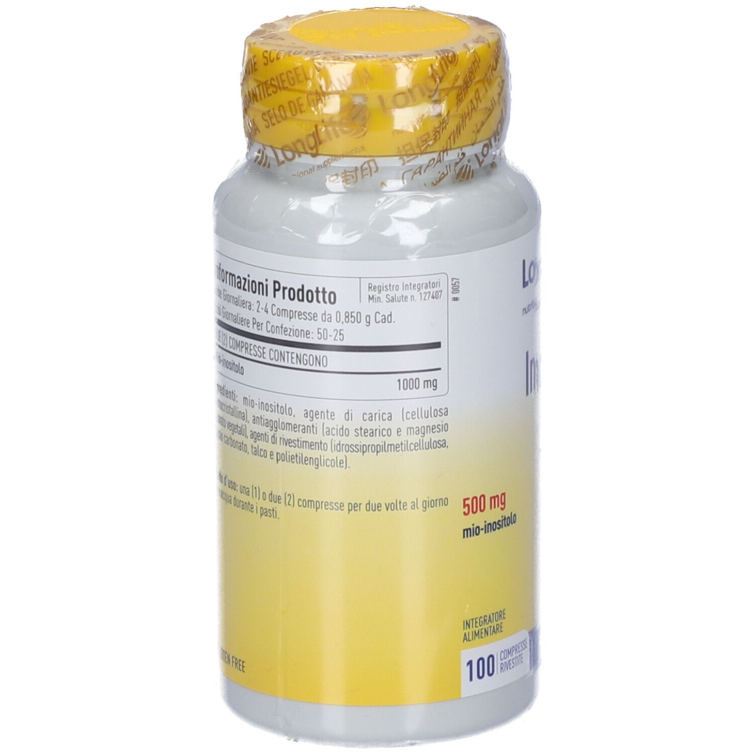 Dos de la bouteille de comprimés. Informations sur le produit, ingrédients, 500 mg inositol, 100 comprimés. Bouchon jaune.