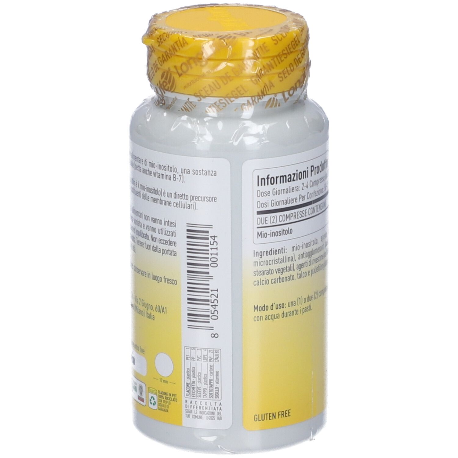 Dos de la bouteille de comprimés. Informations sur le produit, ingrédients, symbole sans gluten. Bouchon jaune.