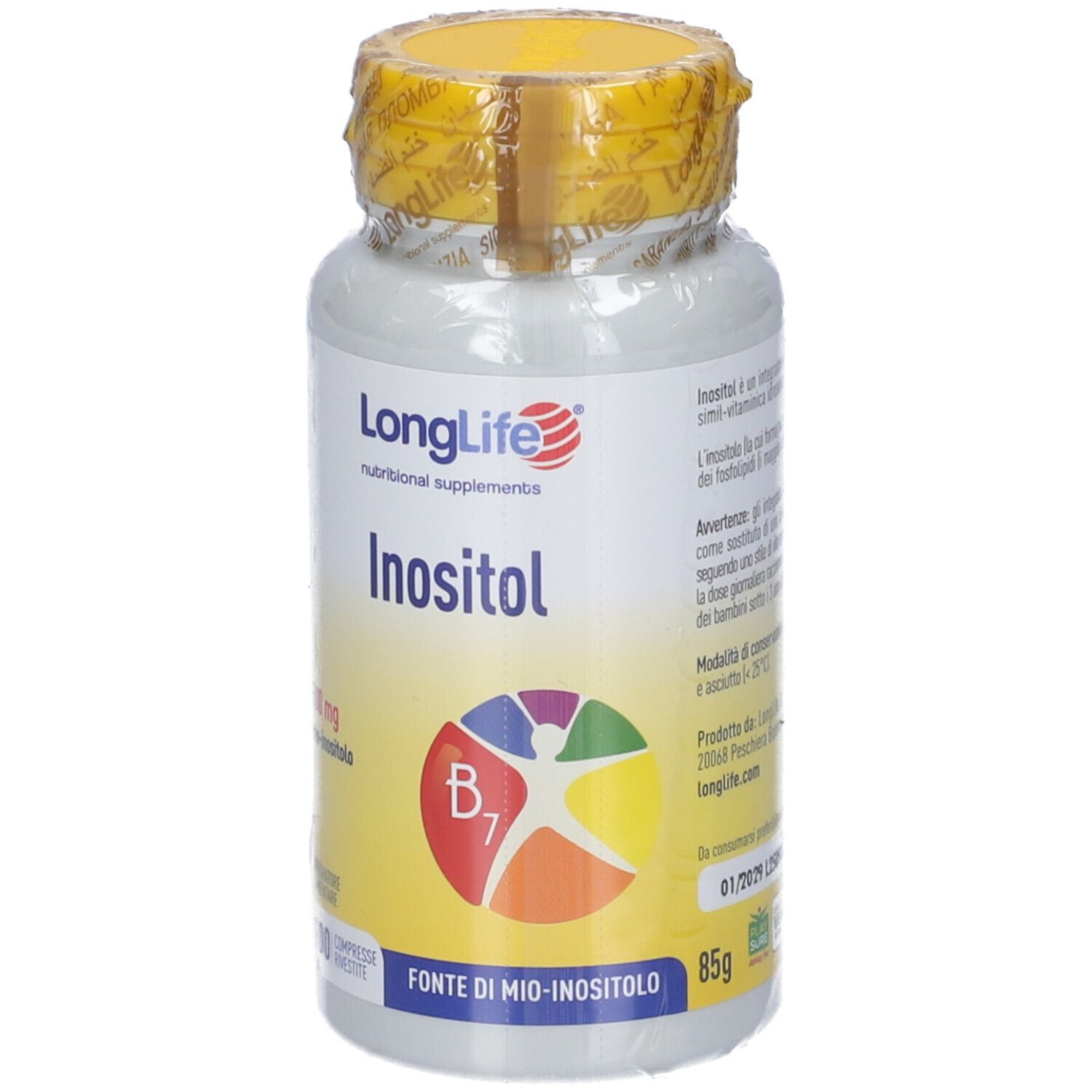 Flacon de comprimés blanc avec bouchon jaune. Inscription : LongLife Inositol, 500 mg, 100 comprimés. Symbole B7, 85g.