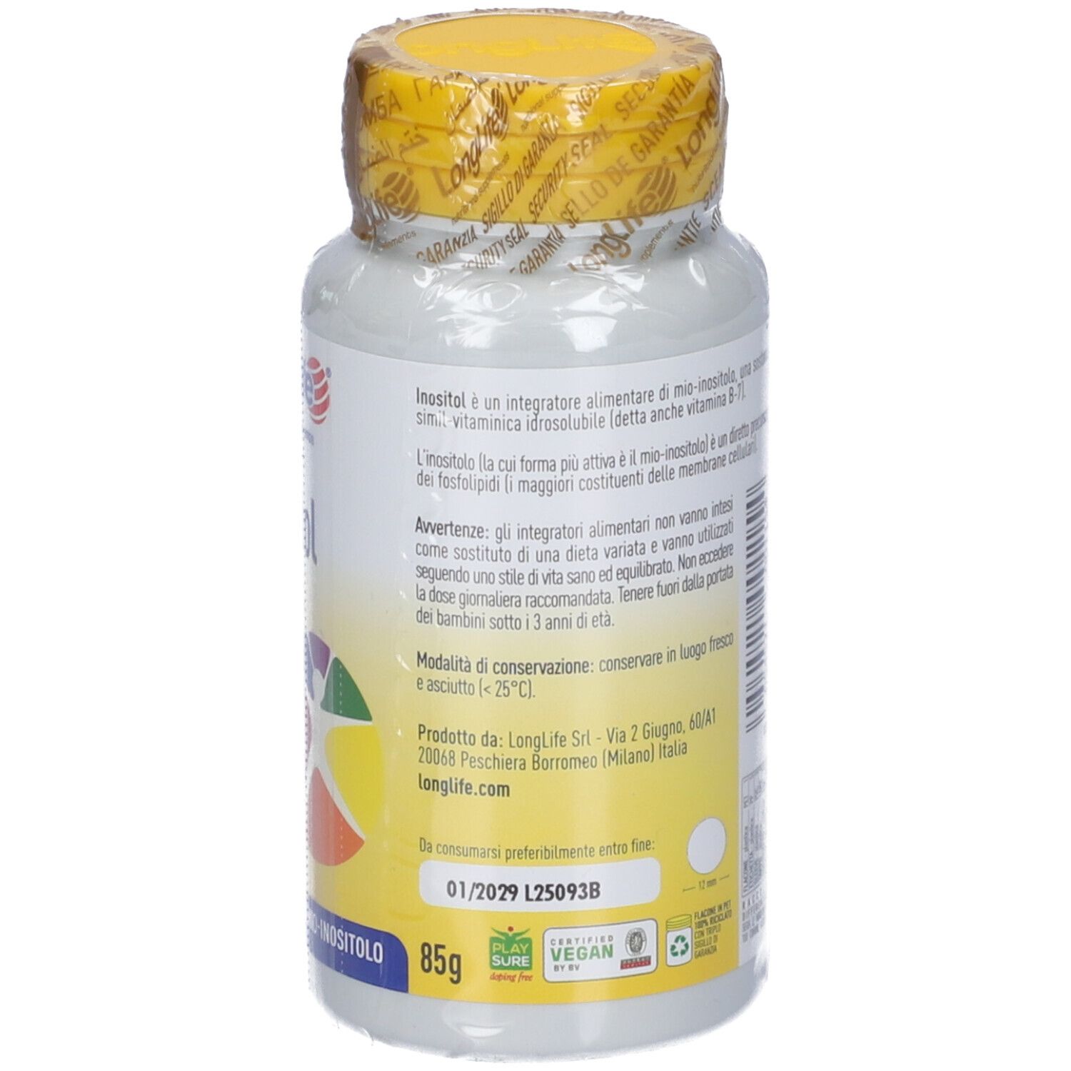 Dos de la bouteille de comprimés. Informations sur le produit, ingrédients, 500 mg inositol, 100 comprimés. Symbole végétalien.