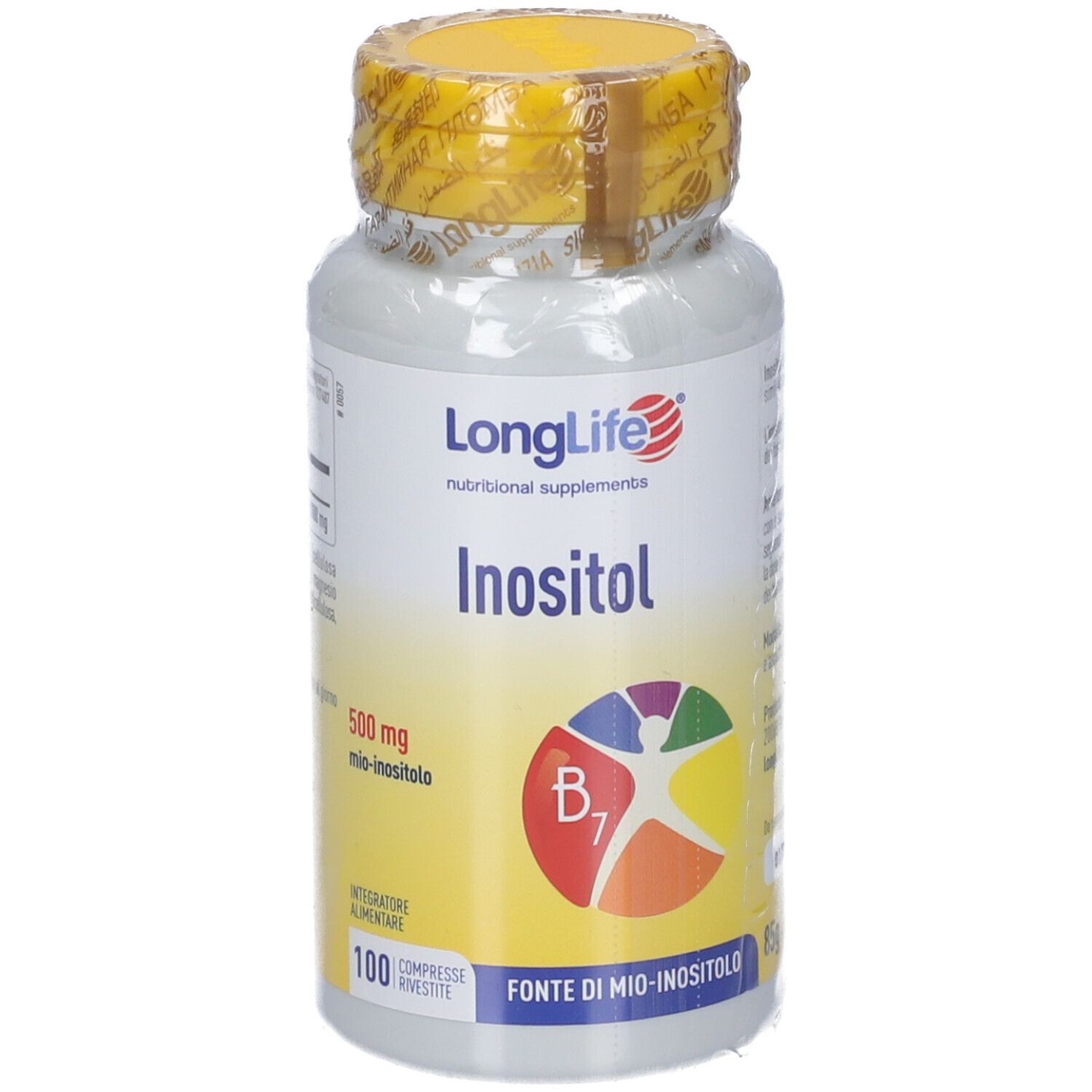 Flacon de comprimés blanc avec bouchon jaune. Inscription : LongLife Inositol, 500 mg, 100 comprimés. Symbole B7.