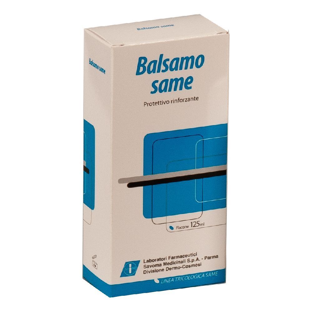 Weißer Karton mit Produktnamen und blauer Fläche. Text: Balsamo same, Protetivo rinforzante. Flasche 125 ml.