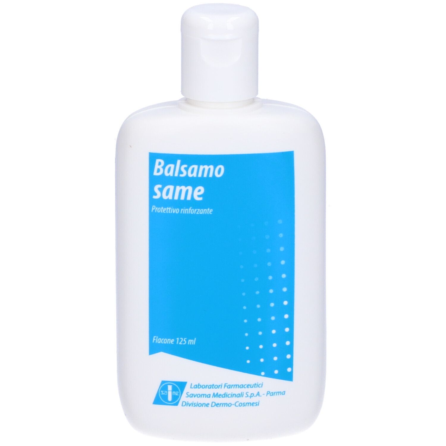 Weiße Flasche mit Klappverschluss. Blauer Bereich mit Text: Balsamo same, Protetivo rinforzante. Flasche 125 ml.