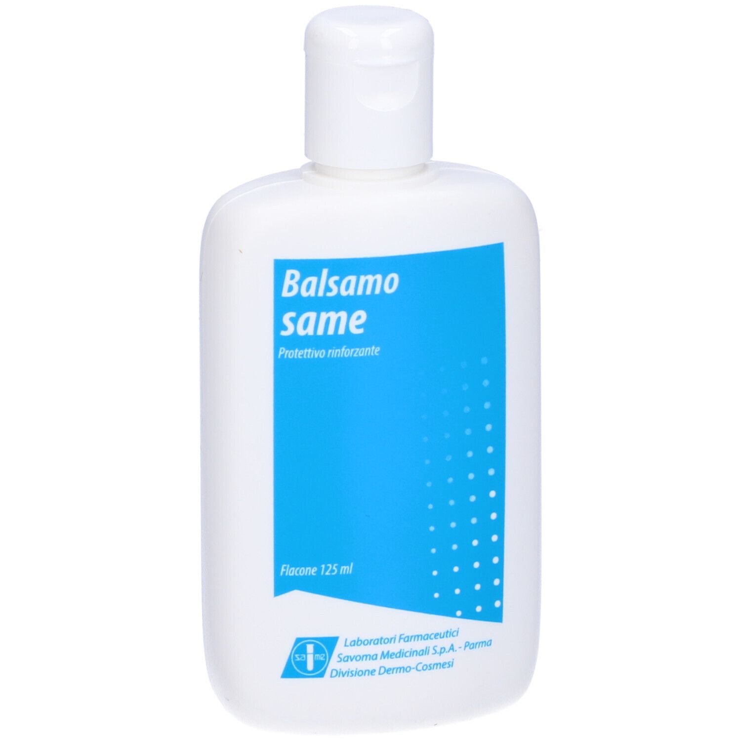 Weiße Flasche mit Klappverschluss. Blauer Bereich mit Text: Balsamo same, Protetivo rinforzante. Flasche 125 ml.