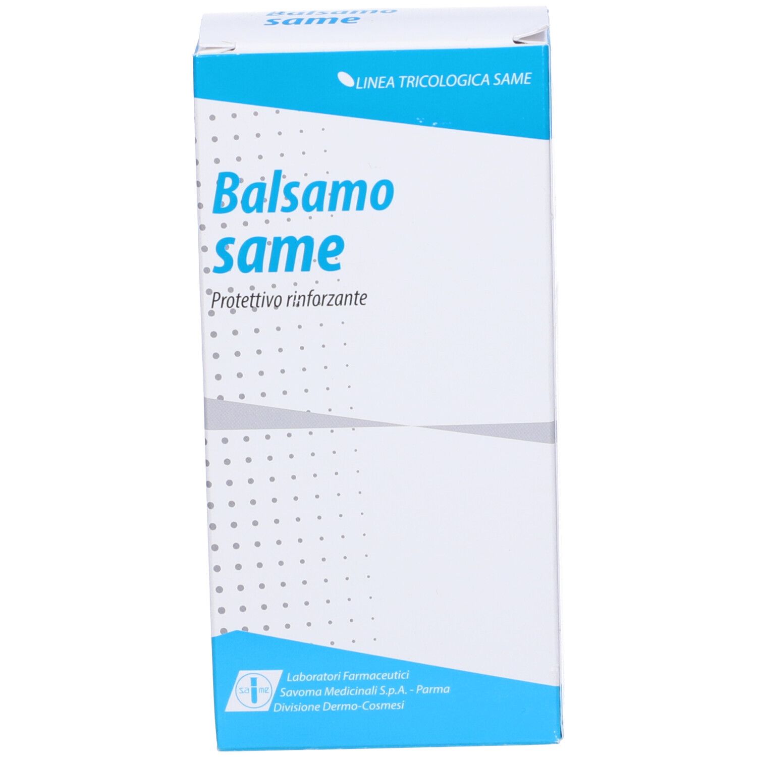 Weißer Karton mit Produktnamen und blauer Fläche. Text: Balsamo same, Protetivo rinforzante.