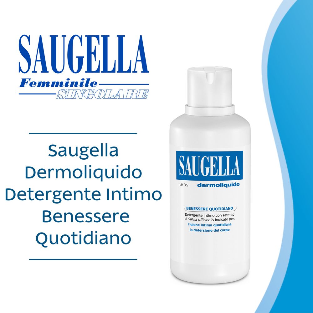Produkt Saugella Dermoliquido. Flasche mit blauem Etikett. Logo: Saugella Feminine-Singolare. Text: Detergente Intimo.