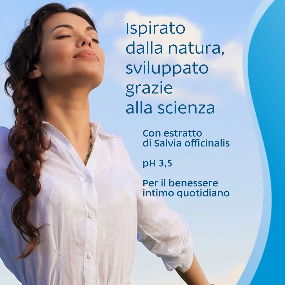 Frau atmet tief ein. Text: Inspiriert von der Natur, entwickelt durch Wissenschaft. Mit Salvia officinalis Extrakt.