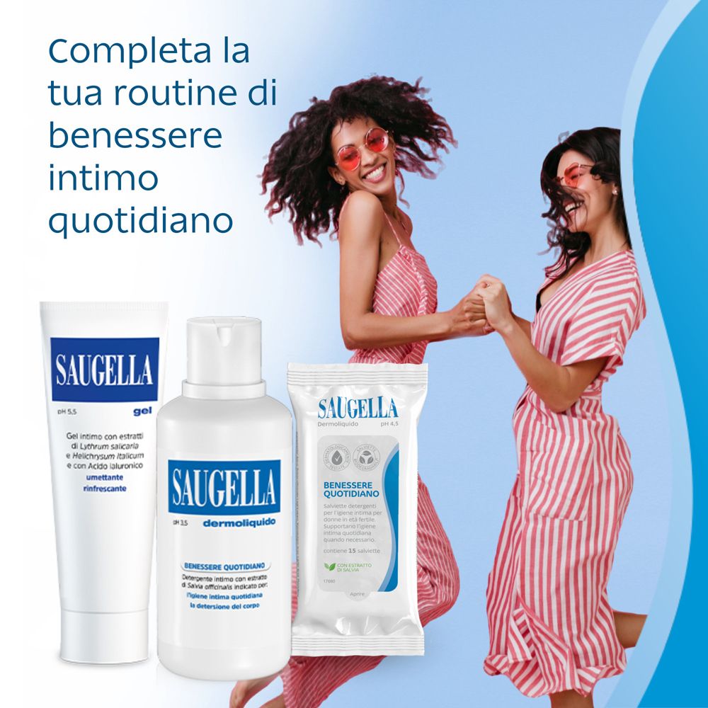 Drei Saugella-Produkte: Gel, Flasche, Feuchttücher. Zwei Frauen lachen. Text: Vervollständigen Sie Ihre tägliche Routine.