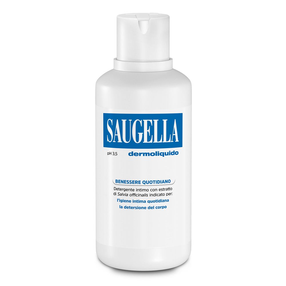 Flacon blanc avec étiquette bleue. Inscription: SAUGELLA dermoliquido pH 3,5. Texte en dessous.