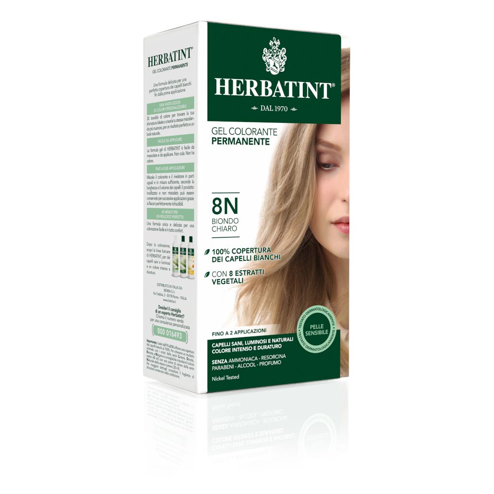 HERBATINT® Haarfarbe Hellblond 8N. Verpackung mit Produktabbildung und Text. Aufschrift: Gel Colorante Permanente, 8N, Biondo Chiaro.