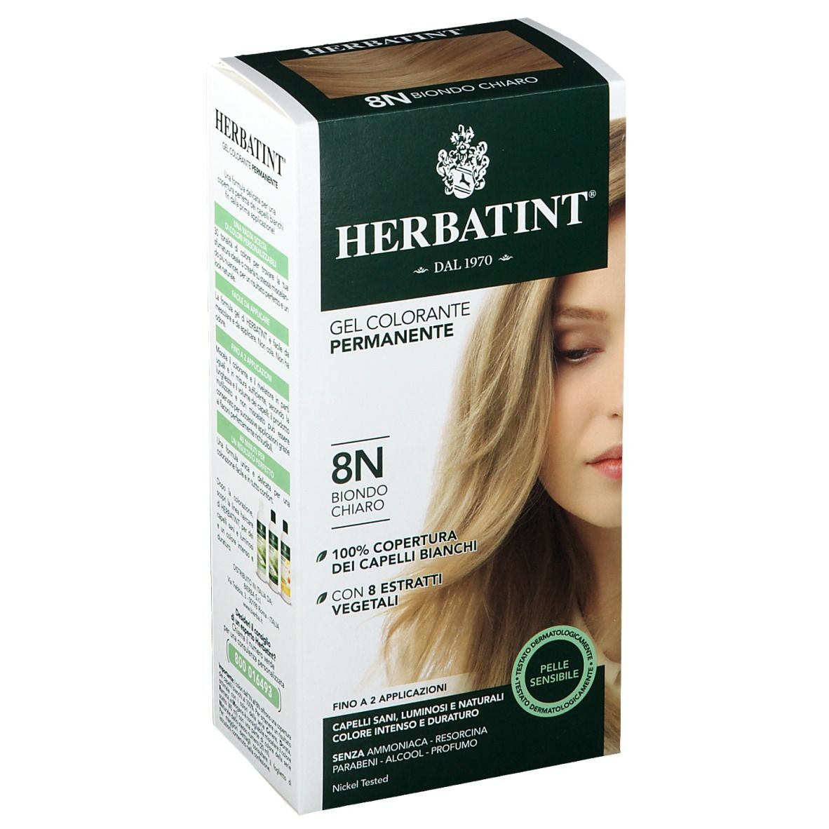 HERBATINT® Haarfarbe Hellblond 8N. Verpackung mit Produktabbildung und Text. Aufschrift: Gel Colorante Permanente, 8N, Biondo Chiaro.