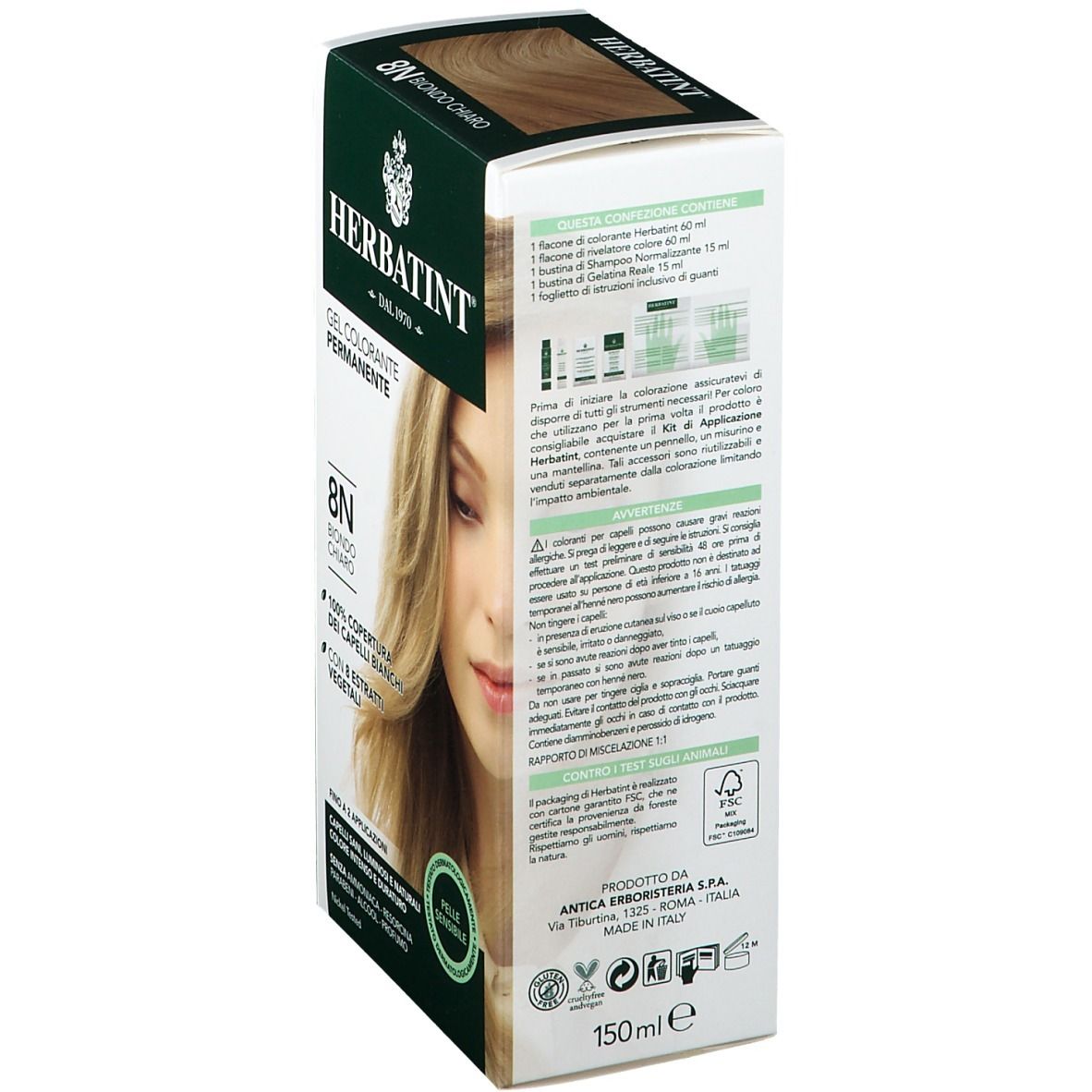 Rückseite der HERBATINT® Haarfarben-Verpackung. Text und Abbildungen von Inhaltsstoffen. Logo: HERBATINT®.