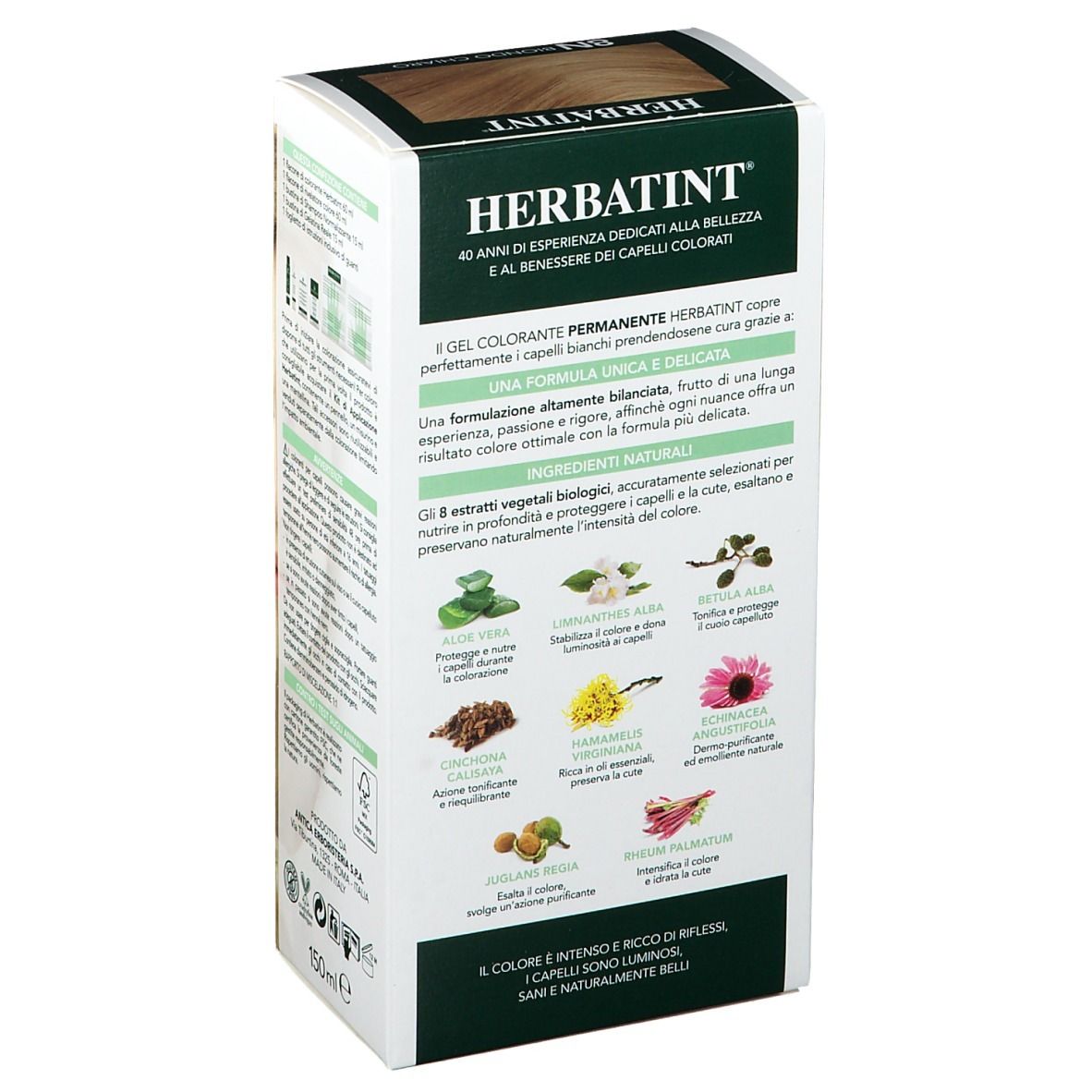 Rückseite der HERBATINT® Haarfarben-Verpackung. Text und Abbildungen von Inhaltsstoffen. Logo: HERBATINT®.