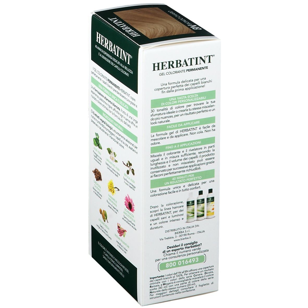 Rückseite der HERBATINT® Haarfarben-Verpackung. Text und Abbildungen von Inhaltsstoffen. Logo: HERBATINT®.