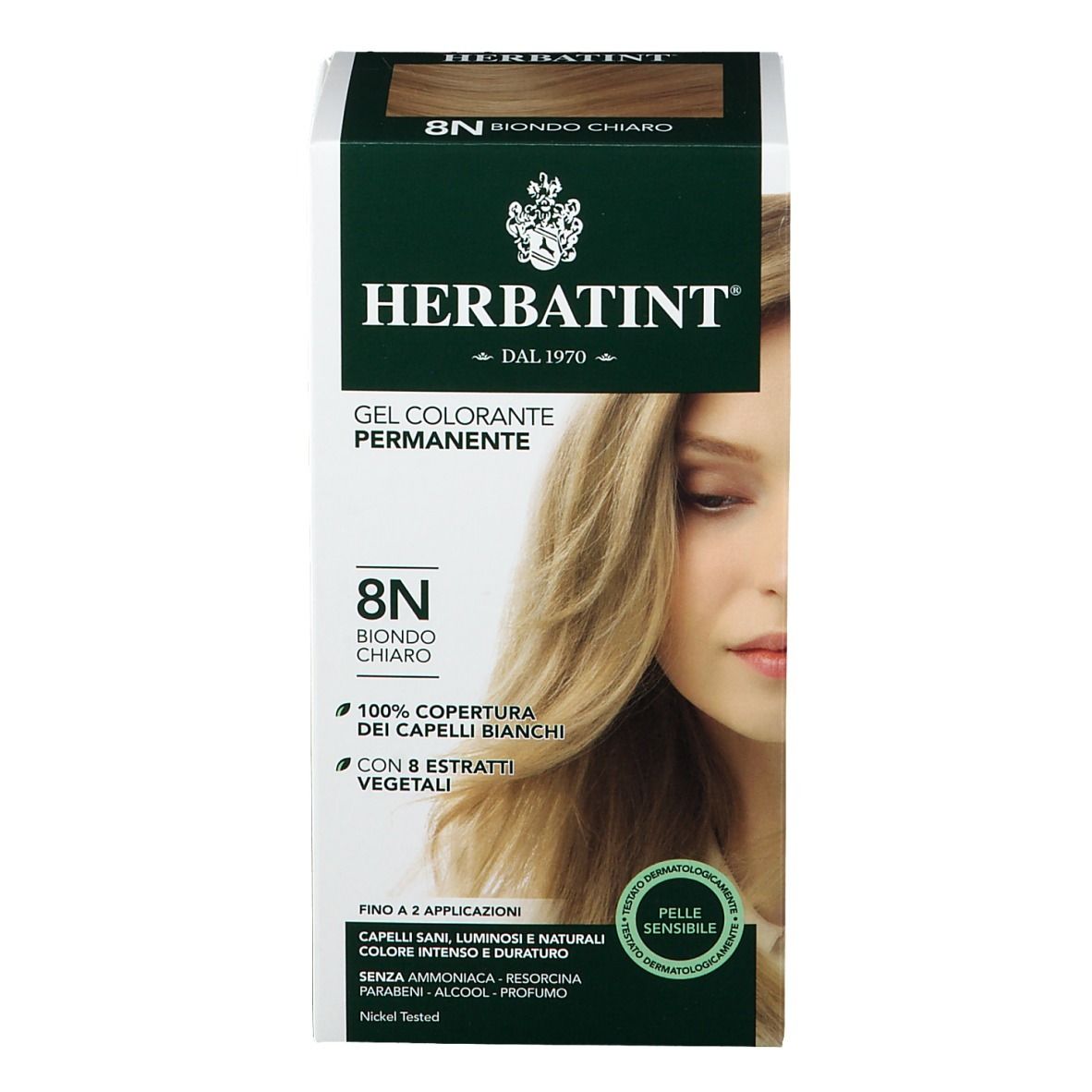 HERBATINT® Haarfarbe Hellblond 8N. Verpackung mit Produktabbildung und Text. Aufschrift: Gel Colorante Permanente, 8N, Biondo Chiaro.