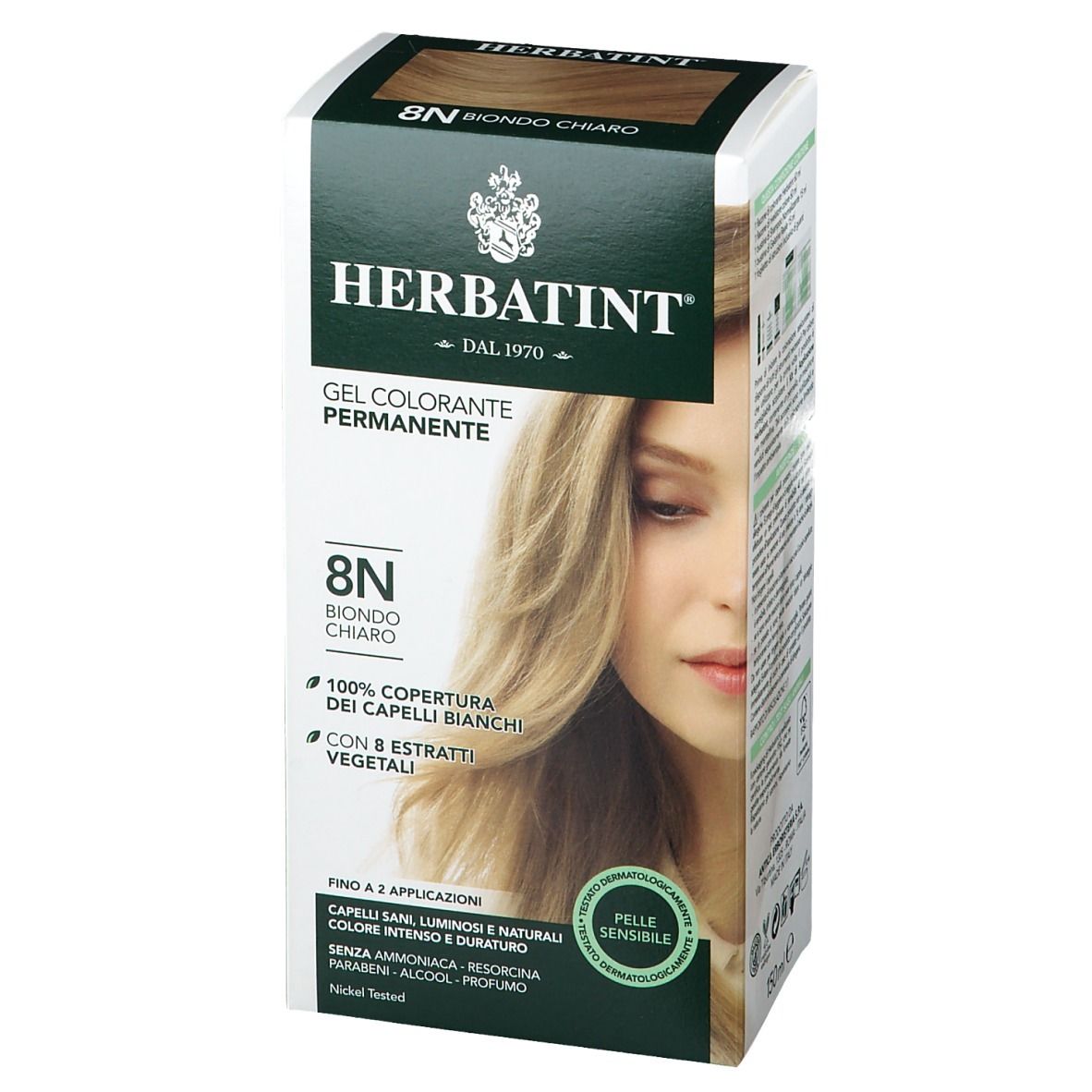 HERBATINT® Haarfarbe Hellblond 8N. Verpackung mit Produktabbildung und Text. Aufschrift: Gel Colorante Permanente, 8N, Biondo Chiaro.