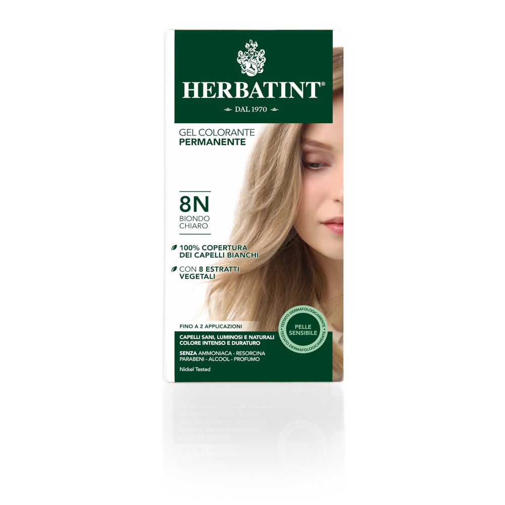 HERBATINT® Haarfarbe Hellblond 8N. Verpackung mit Produktabbildung und Text. Aufschrift: Gel Colorante Permanente, 8N, Biondo Chiaro.