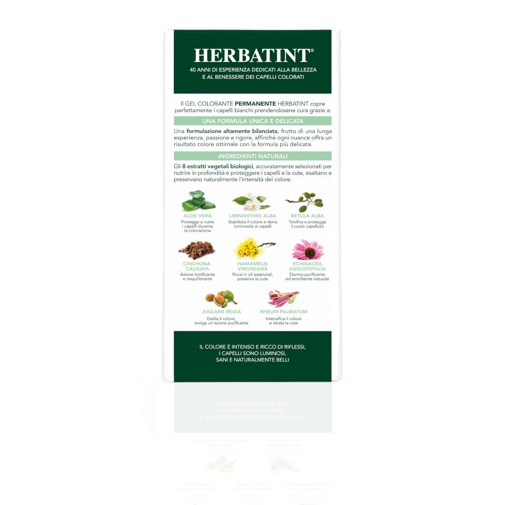 Rückseite der HERBATINT® Haarfarben-Verpackung. Text und Abbildungen von Inhaltsstoffen. Logo: HERBATINT®.