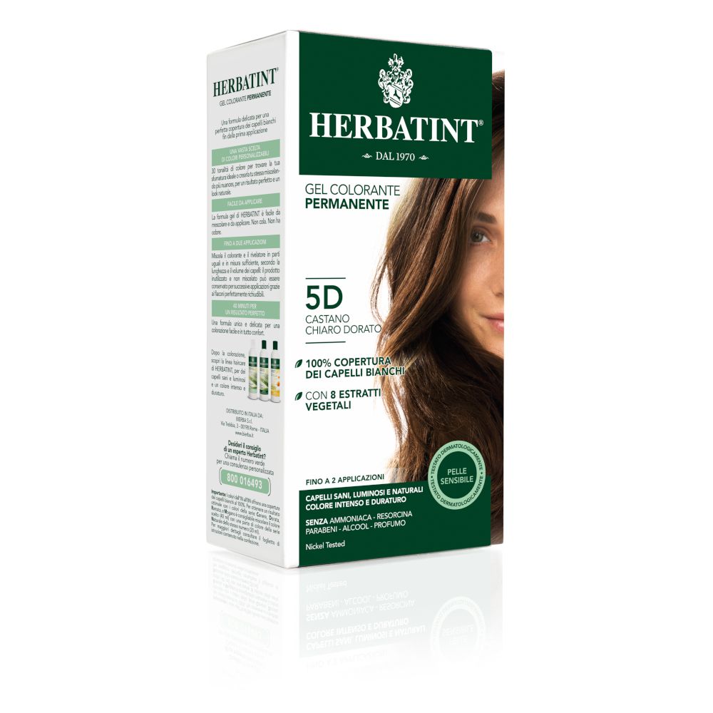 HERBATINT® 5D, blond doré. Boîte avec informations produit. Coloration gel. Couvre 100% des cheveux blancs.