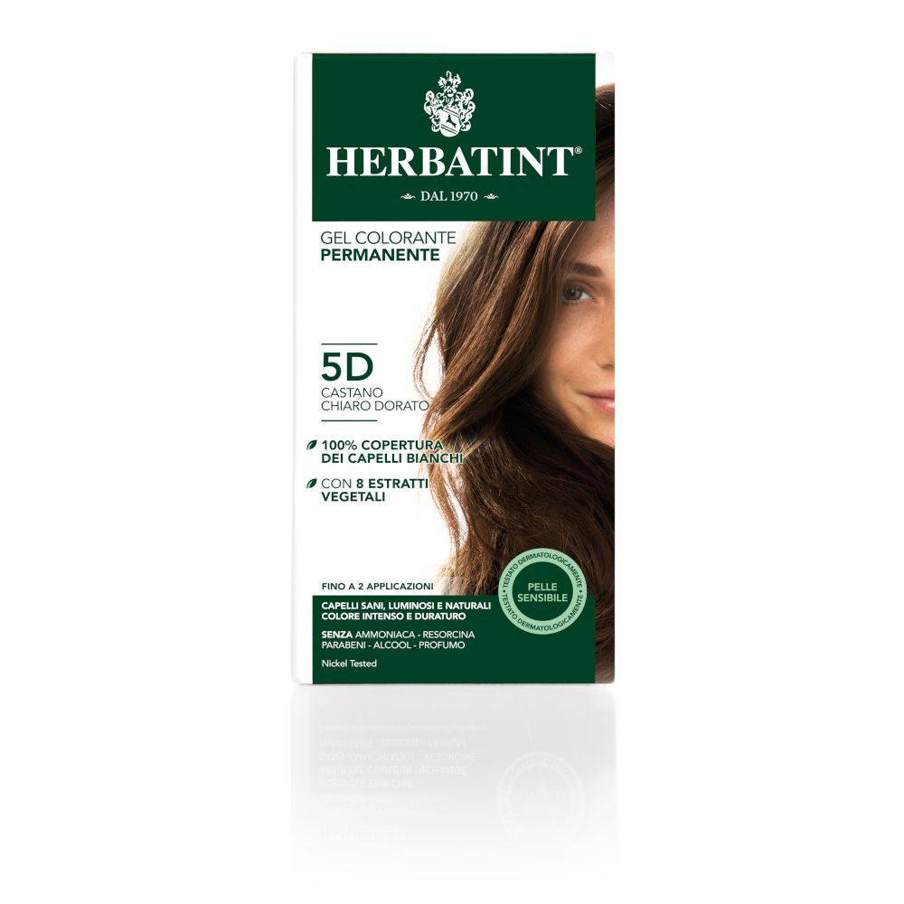 HERBATINT® 5D, blond doré. Emballage produit. Coloration gel. Pour peaux sensibles. Couvre 100% cheveux blancs.