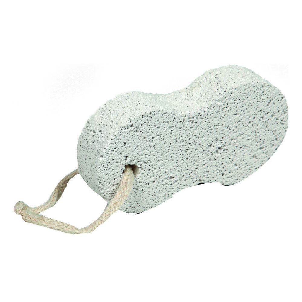 Pierre ponce grise avec cordon. Forme arrondie. Surface poreuse. Trou pour attacher le cordon.